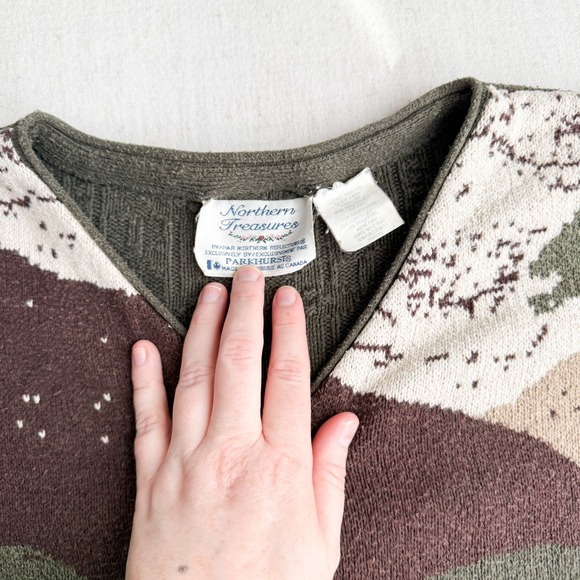 vtg Northern Treasures green fox duck horse mushroom cardigan sweater XL - Picture 2 of 7